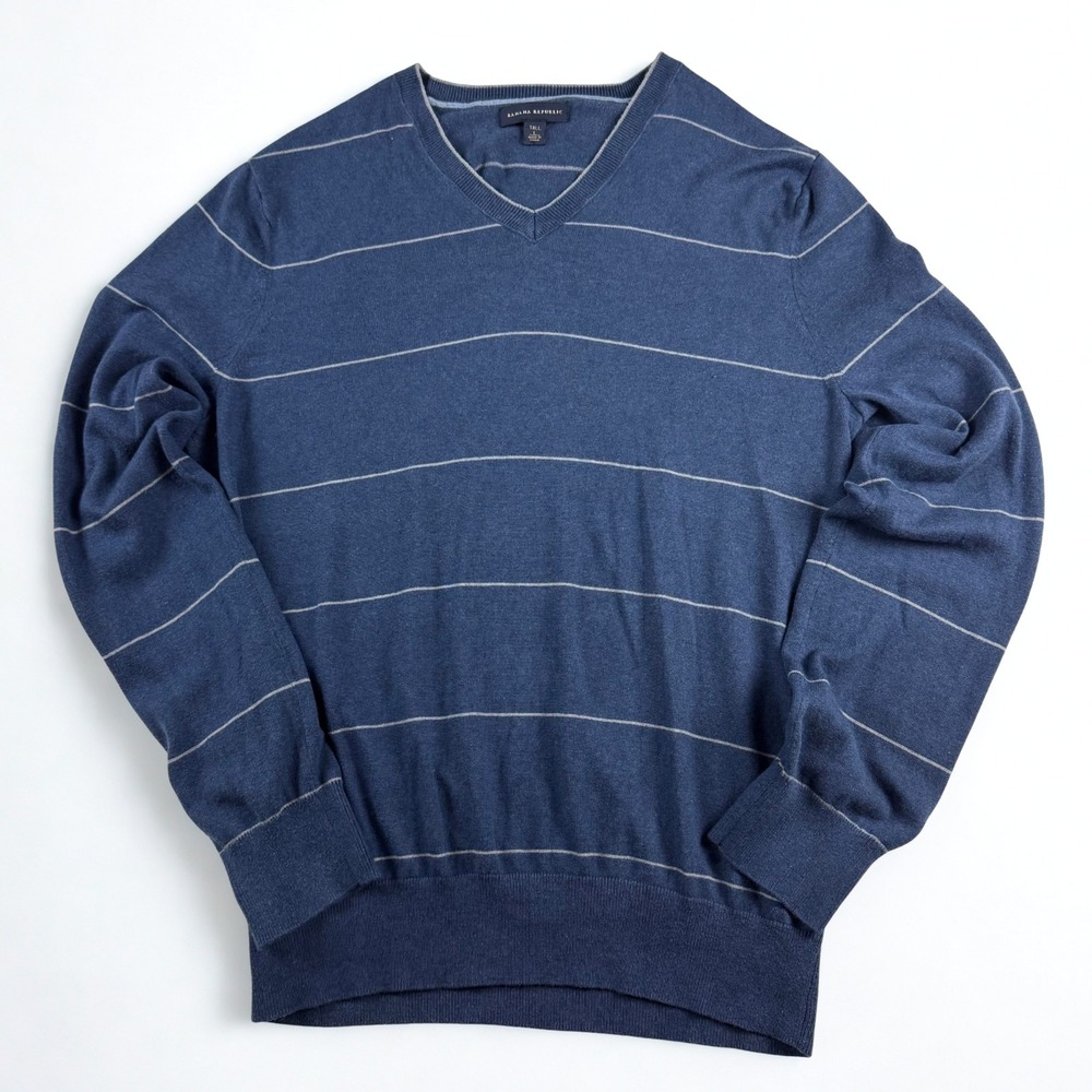 Banana Republic Silk Cashmere Blend V-Neck Sweater Mens L Tall Blue Striped